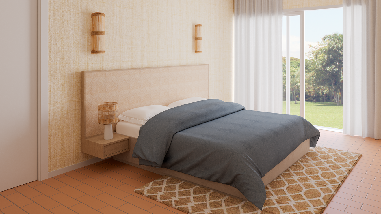 BED WITH WICKER HEADBOARD